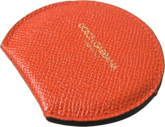 Dolce & Gabbana Orange Calfskin Leather Round Logo Hand Mirror Holder Accessory