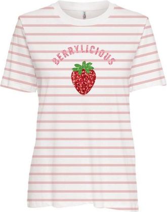 Only Kurzarmshirt ONLY ONLKITA S/S TEE JRS NOOS, Damen, Gr. XL, cloud dancer stripes:rosy touch, sequin strawberry, Jersey, Obermaterial: 100% Baumwolle, g