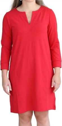 Lilla P Three Quarter Sleeve Split Neck Dress In Ruby