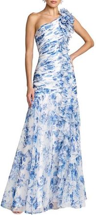 Mac Duggal Printed Chiffon One Shoulder Ruched Ruffle Gown in Blue Multi at Nordstrom, Size 2