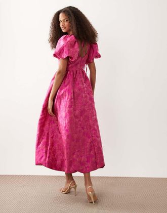 Sister Jane Sister Jane - Vestito lungo con maniche a sbuffo e scollo rotondo in jacquard rosa acceso melograno