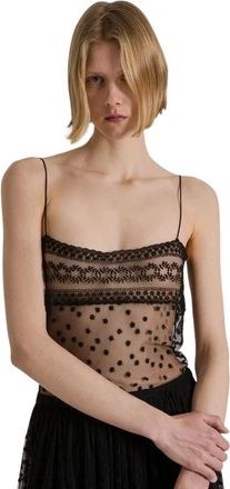 Alberta Ferretti Tops, Dames, Zwart, S, Katoen, Polka-dot Tulle Top met Spaghettibandjes