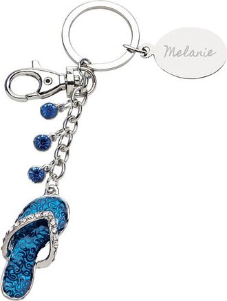 Generic Glitzy Turquoise Flip Flop Design Keyring, Personalised with Name or Initials Oval Tag, Presented in Velvet Pouch