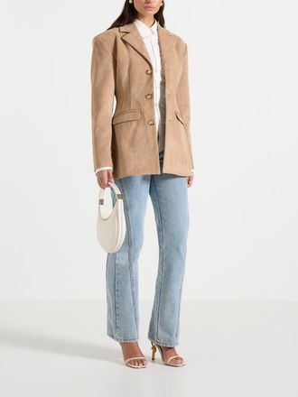 Mani&egrave;re De Voir Claire Suede Wide Shoulder Cinch Waist Blazer in Beige at Nordstrom, Size 8