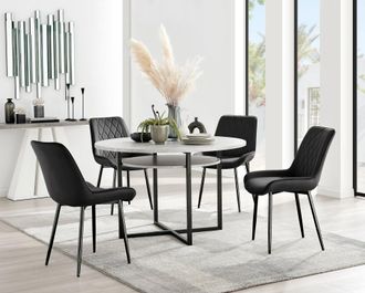 Furniturebox Adley Grey Concrete Effect & Black Round Dining Table with Shelf & 4 Velvet Pesaro Dining Chairs