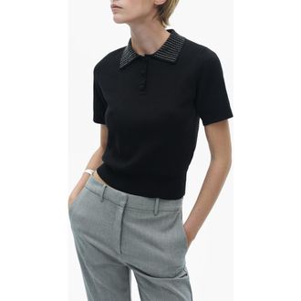 Mango Rhinestone Collar Knit Polo Shirt in Black at Nordstrom, Size Medium