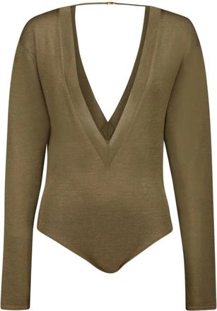 Saint Laurent Groene Mesh Bodysuit met V-hals - Dames - Bodies - Groen - L - Wol - Tops