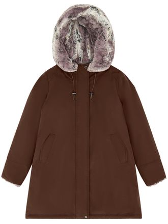 Canadian Brown Short Coat with Plush Faux Fur-Lined Hood