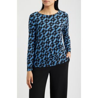 Anne Klein Ruched Rivet Long Sleeve Jersey Top in Anne Black/dutch Blue at Nordstrom, Size X-Large