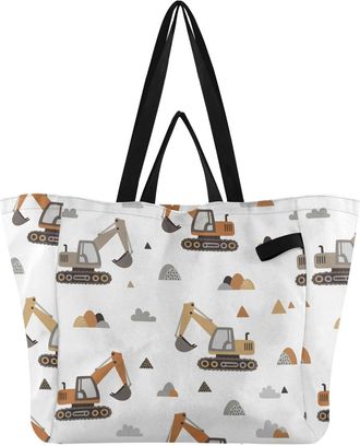 Generic Engineering Vehicle Gray print Reusable Canvas Tote Bag, Heavy Duty Grocery Shopping Bag with Double Handles Hard Bottom Large Capacity Work Groceries