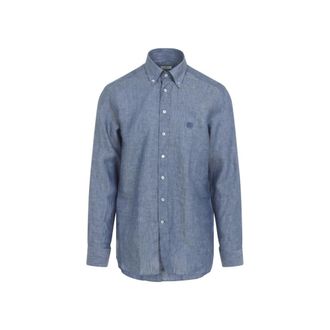 Etro Blue Embroidered Logo Linen Shirt