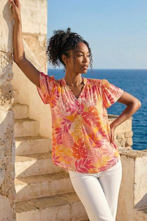 Roman Leaf Print Shirred V-Neck Top