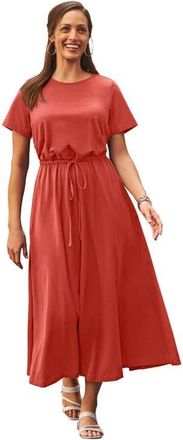 Jessica London Stretch Cotton Drawstring Maxi Dress in Burnt Red at Nordstrom, Size Small