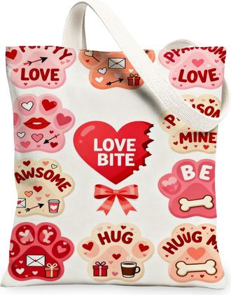 Generic ValentineS Day Heart Canvas Tote Bags, Cute Love Pattern Reusable Grocery Bags, Lightweight Washable Shoulder Strap Canvas, Peach, 13x15 Inch