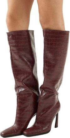 Misspap Faux Croc Leather High Flared Stiletto Heel Knee Boots, 5, Burgundy