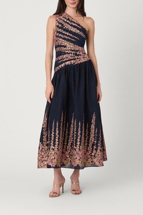 Shoshanna Lotus Border Jacquard Midnight Henderson Dress in Navy Multi at Nordstrom, Size 14