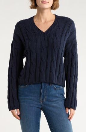 Madewell Cable Knit V-Neck Crop Sweater in Deep Indigo at Nordstrom Rack, Size X-Small