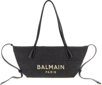 Balmain Track-Small Rafia Tote Nero-Donna