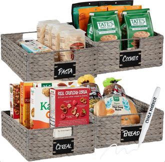 Best Choice Products Set of 4 16x12in Woven Water Hyacinth Pantry Baskets w/ Chalkboard Label, Chalk Marker