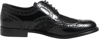 Dolce & Gabbana Zwarte Leren Bloemen Kant Jurkschoenen - Dames - Veterschoenen - Zwart - 36 EU - Leer - Schoenen