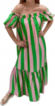 Adrienne Clarise Spring Fling Off Shoulder Maxi Dress In Green And Pink Striped