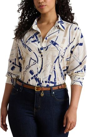 Lauren Ralph Lauren Belting Print Classic Fit Crepe Button-Up Shirt in Cream/Navy at Nordstrom, Size 3X