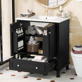 Urban Meuble Urban Meuble Mobile Bagno 76cm In Mdf Con Lavabo In Ceramica, Piedini In Legno Massello, Bianco E Nero (rubinetto Non Incluso)
