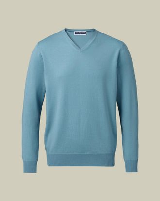 CHARLES TYRWHITT Merino V-Neck Wool Jumper - Aqua Green Size Large by Charles Tyrwhitt