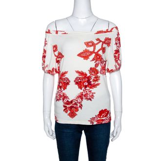 Roberto Cavalli White And Red Floral Print Off Shoulder Top