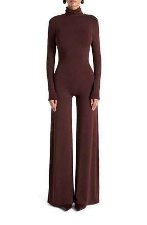 Naked Wardrobe Sculpt Turtleneck Wide Leg Jumpsuit in Chocolate at Nordstrom, Size Large