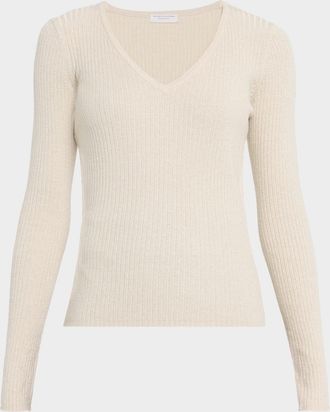 Majestic Filatures Shimmer Rib Knit V-Neck Sweater