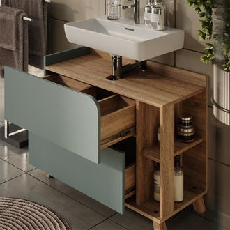 Vicco Mueble Bajo Lavabo Karen, Azul/sonoma, 80 X 65 Cm Con 2 Cajones, Vicco