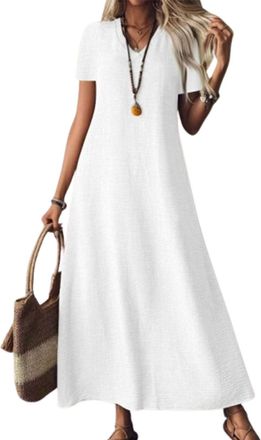 Generic Linen Dresses for Women 2025,Long Cotton Dresses,Short Sleeve V Neck Tunic Boho Maxi Dress (White,S)
