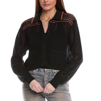 Re/Done Crochet Mesh Polo Caridgan Top In Black Combo
