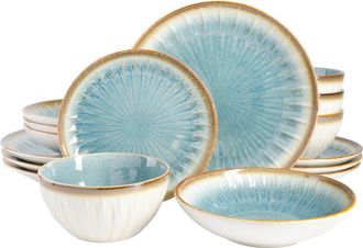 Gibson Home Mayfair Bay 16 Piece Double Bowl Embossed Reactive in Blue at Nordstrom