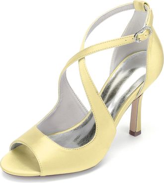 Generic Wedding Bridal Shoes Women Pumps Peep Satin Open Toe Strap Stiletto High Heel Dress Shoes Pumps Office Party Wedding9.5Cm,Yellow,10 UK