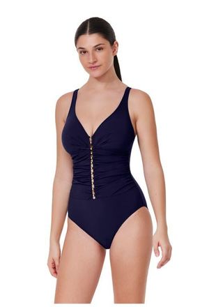 Gottex Tutti Frutti D-Cup V-Neck Gold Beaded One Piece in Navy at Nordstrom, Size 16