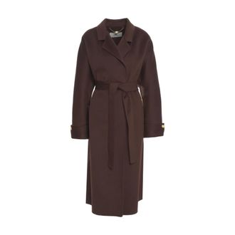 Elisabetta Franchi Belted Coats, female, Brown, Size: XL Coat in double wool blend cloth
