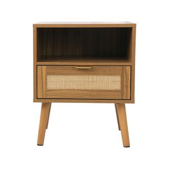 Urban Meuble Mesita de noche de rat&aacute;n estilo boho con caj&oacute;n dorado y estante