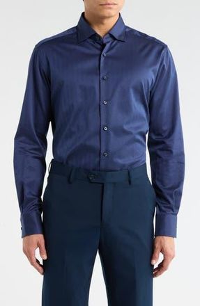 Eterna Modern Fit Dobby Dot Button Front Shirt in Dark Blue at Nordstrom Rack, Size 17.5 - L