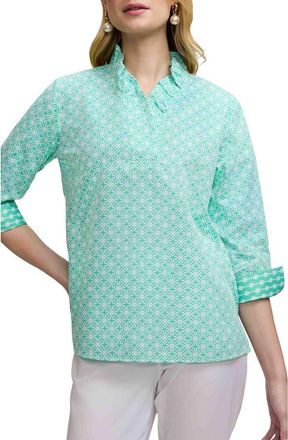 Foxcroft Tammy Geo Lattice Print Ruffle Collar Top in Green/White at Nordstrom, Size X-Small