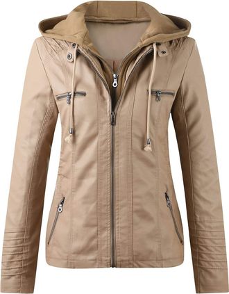 Generic Biker Jacket Womens Leather Womens Hooded Jacket Motorcycle Jacket Funky Slim Faux Leather Jacket Trendy Functional Jacket Women with Hood Long Sleeve