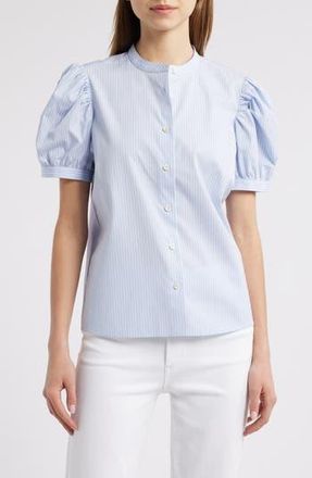 Frame Denim The Gathered Stripe Short Sleeve Button-Up Shirt in Light Chambray Multi at Nordstrom Rack, Size Medium