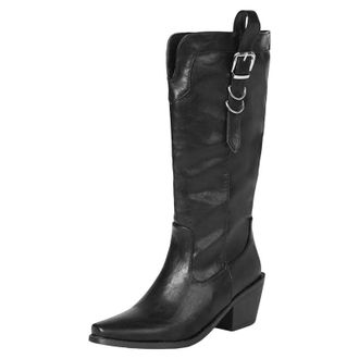 Generic Womens Elegant Mid Calf Boots Square Toe High Thick Heel With Platform Slip On Design And Decorative Belt Buckle