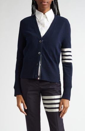 Thom Browne Holidays Classic 4-Bar Virgin Wool V-Neck Cardigan in Navy at Nordstrom, Size 4 Us