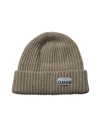 Ganni Womens Rib Knit Beanie in Beige Recycled Wool - One Size