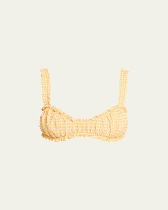 SIMKHAI Evander Ruched Gingham Seersucker Bikini Top