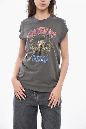 Pinko Crewneck T-Shirt QUEEN With Print And Rhinestones size Xs