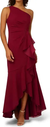 Adrianna Papell Crepe One Shoulder Ruffle Gown In Crimson Haze