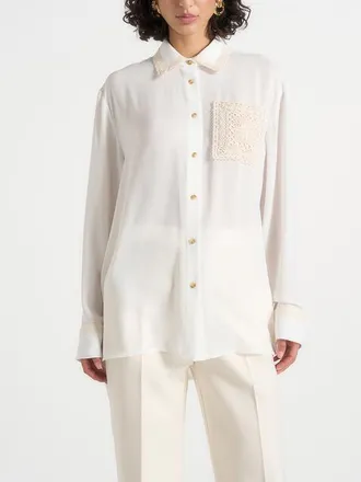 Mani&egrave;re De Voir Mya Crochet Detail Georgette Shirt in Off White at Nordstrom, Size 10